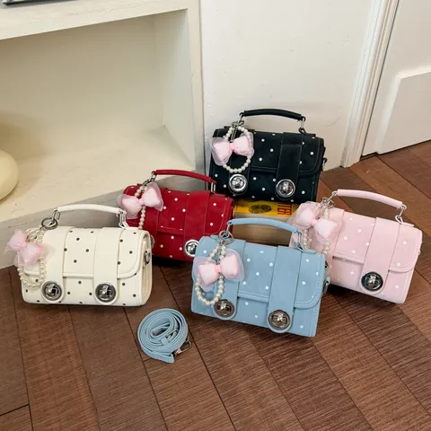 Petit Sac Bandoulière pour Femmes Vintage à Pois en Cuir PU Sac à Main d'Épaule avec Pendentif Nœud de Perles Sac Casual