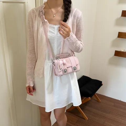 Petit Sac Bandoulière pour Femmes Vintage à Pois en Cuir PU Sac à Main d'Épaule avec Pendentif Nœud de Perles Sac Casual