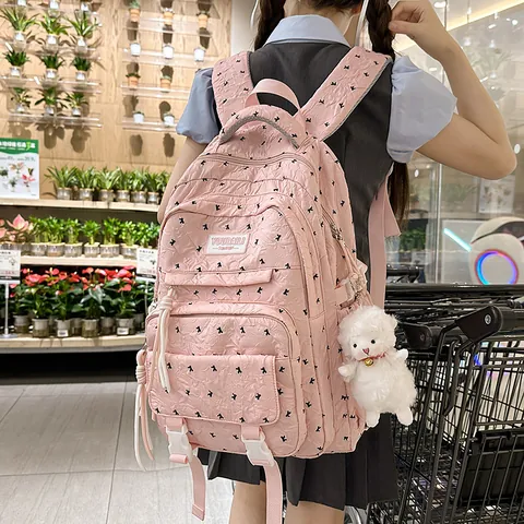 Casual Nylon Backpack For Women Lightweight School Bookbag Travel Daypack With Polka Dot Print And Plush Pendant