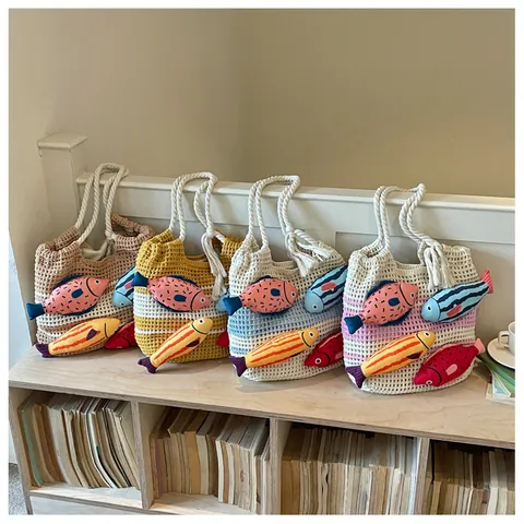 Damen Grosse Kapazität Gestrickte Tote Tasche Handgemachte Gewebte Umhängetasche Ethischer Stil Casual Pendler Tasche Mit 3D Fisch Dekor
