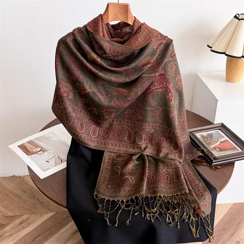 Vintage Paisley Print Sjaal Voor Vrouwen Zacht Polyester Kasjmier Gevoel Winter Warm Grote Omslagdoek Elegant Kwastje Sjaal