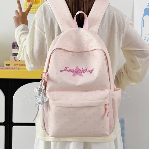 Japanse Zachte Stijl Stippen Ster Rugzak Voor Dames Nylon Waterdicht Schooltas Voor Tienermeisjes Lichtgewicht Casual Rugzak