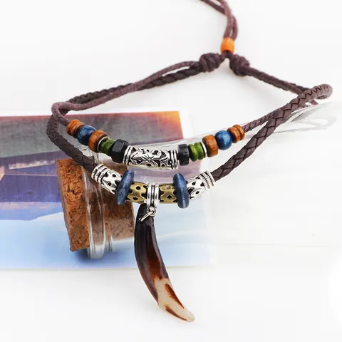 Vintage Ethnic Style Men's Necklace With Leather Rope Alloy Tooth Cross Pendant Wood Beads Adjustable Bohemian Jewelry