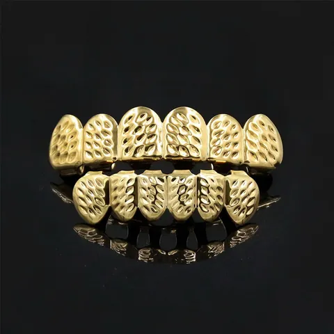 Hip Hop Grillz Copper Electroplated Teeth Top And Bottom Set Fashion Party Body Jewelry For Men Women