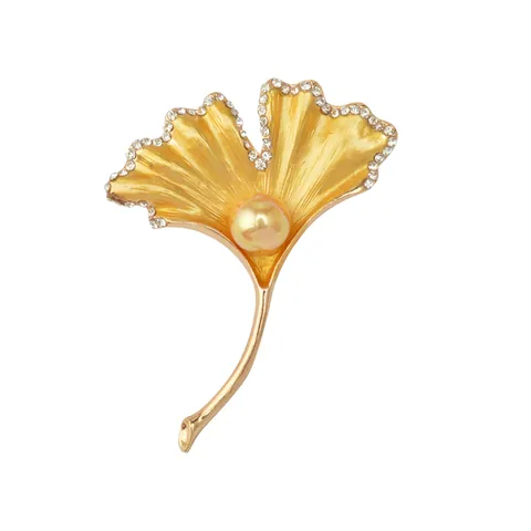Fashion Vintage Ginkgo Leaf Brooch Alloy Rhinestone Artificial Pearl Brooches Pins Elegant Women Jewelry Gift