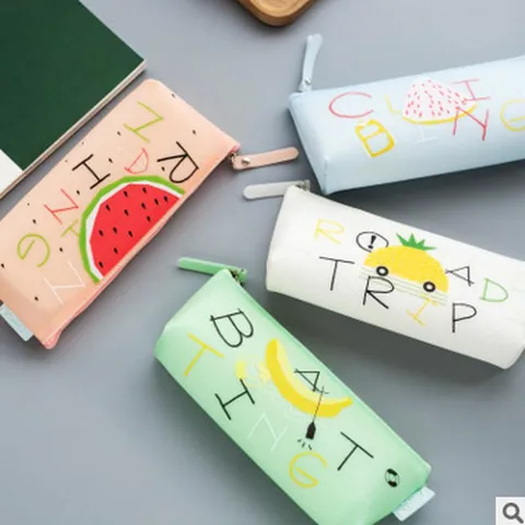Cute Fruit Print Silicone Triangular Pencil Case For School Students Watermelon Banana Pineapple Dragon Fruit Stationery Pouch Bag Children Gift