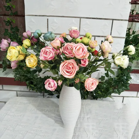 European Style Artificial Rose Flower Bunch 6 Forks Multi Head Silk Fabric Fake Flowers For Home Living Room Wedding Decor