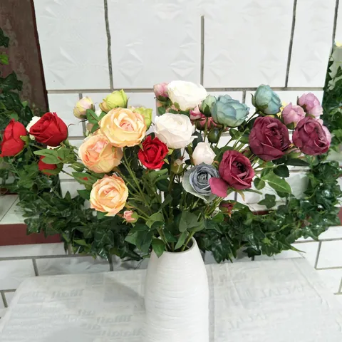European Style Artificial Rose Flower Bunch 6 Forks Multi Head Silk Fabric Fake Flowers For Home Living Room Wedding Decor