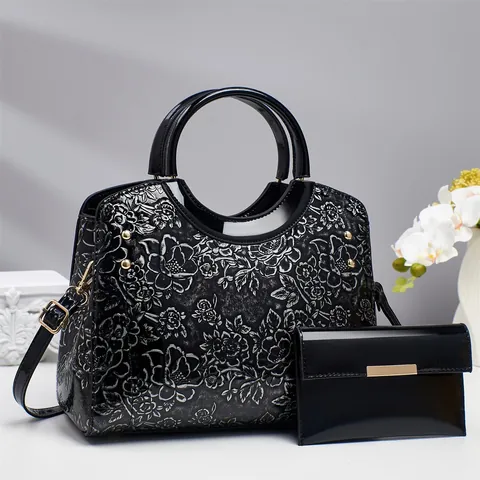 Women Floral Embossed Handbag Set Elegant PU Leather Top Handle Bag With Matching Wallet For Wedding Party Mother Gift