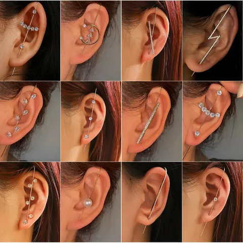 Fashion Copper Rhinestone Lightning Leaf Ear Cuffs Ear Climber Crawler Earrings For Women Stainless Steel Earring Post Jewelry