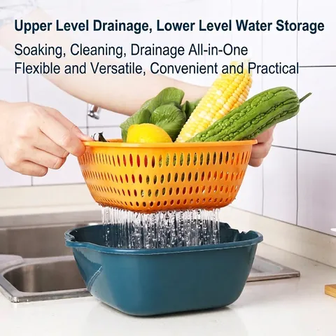 Double Layer Drain Basket PP Plastic Kitchen Washing Bowl Colander Set Fruit Vegetable Strainer Storage Basin