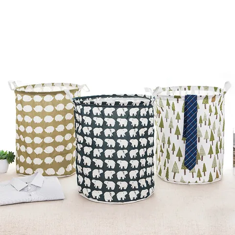 Foldable Cotton Linen Laundry Basket Large Waterproof Clothes Toys Storage Bin With Handles Round Fabric Laundry Hamper Organization