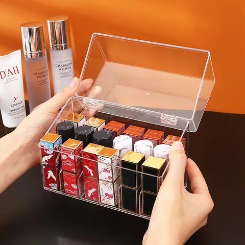 Clear Lipstick Organizer Acrylic Cosmetic Storage Box Multi Grid Desktop Makeup Case Dustproof Cover Polish Display Tray