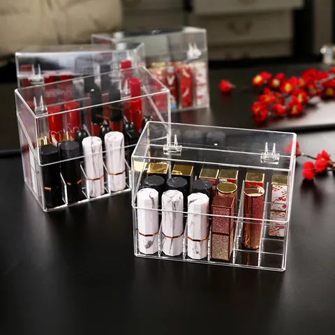 Acrylic Lipstick Organizer Transparent Cosmetic Storage Box With Dustproof Lid Multiple Grids Makeup Display Stand For Lip Gloss Nail Polish Desk Organizer
