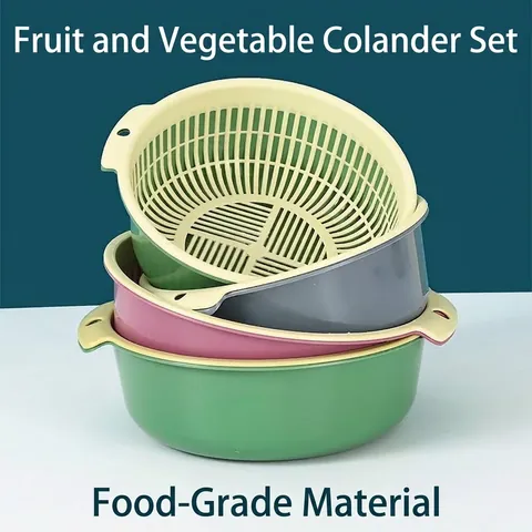 Nordic Style Double-Layer Kitchen Drain Basket Round Plastic Fruit Vegetable Washing Colander With Handle Sieve Basin Bowl