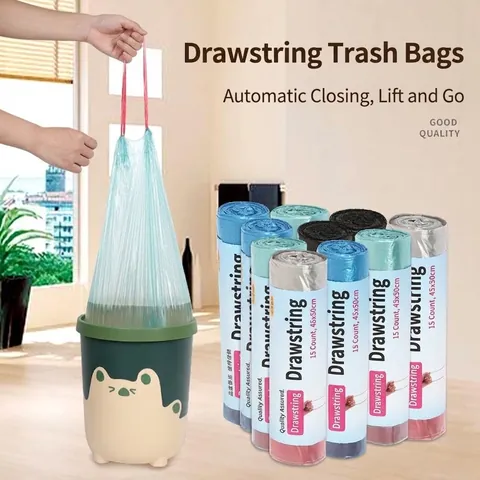 Drawstring Thickened Trash Bags Automatic Closing PE Garbage Bags Handheld Leak-proof Heavy Duty Bags For Kitchen Office Home