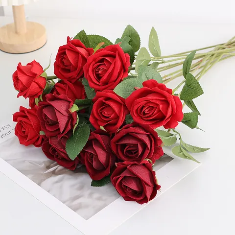 Artificial Silk Rose Flower Single Branch Velvet Rose For Home Wedding Party Valentine Day Decoration