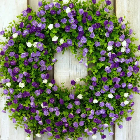 Couronne d'Eucalyptus Gypsophile Artificielle Violet Blanc Printemps Été Pastoral Floral Couronne de Porte Pour Mur Mariage Maison Décor
