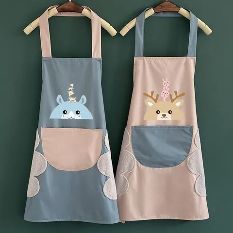Waterproof Oilproof Kitchen Apron For Women Cartoon Deer Hand Wiping Canvas Apron With Pocket Workwear Home Cooking Accessory