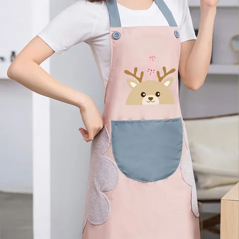 Waterproof Oilproof Kitchen Apron For Women Cartoon Deer Hand Wiping Canvas Apron With Pocket Workwear Home Cooking Accessory