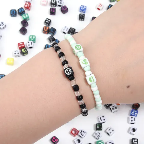 Acrylic Square Smiley Face Beads Colorful Emoji Cube Large Hole Beads For DIY Bracelet Necklace Jewelry Making Crafts