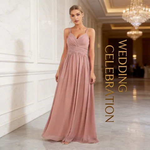 Damen Elegant V Ausschnitt Plissee Maxikleid Ärmellos Chiffon Rückenfrei Abendkleid Altrosa Blau Party Kleid