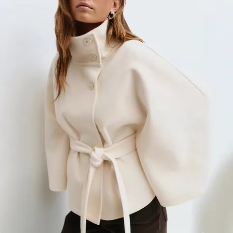 Femmes Cape Trench Coat Col Montant Bouton Ceinture Veste Élégante Couleur Unie Automne Hiver Polyester Vêtement d'Extérieur Top
