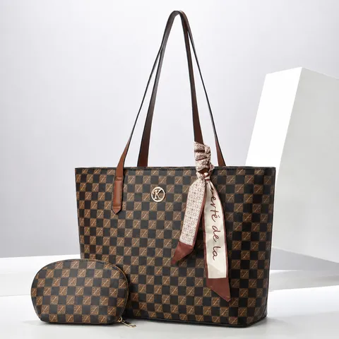 Women Large Capacity Tote Bag PU Leather Checkerboard Monogram Print Shoulder Bag With Scarf And Pouch Handbag Set