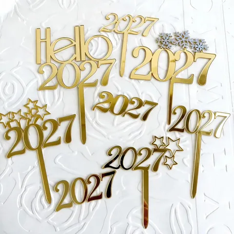 Acrylic 2026 Cake Topper Mirror Gold Red Happy New Year Party Decoration Hello 2026 Stars Snowflakes Ornament Accessory