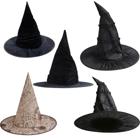 Ruched Black Witch Hat Satin Pointed Wizard Cap With Spider Charm Mesh Veil Tassel For Halloween Masquerade Costume Accessories