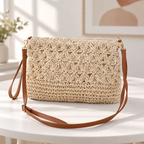 Hollow Out Woven Straw Crossbody Bag Women Handmade Paper Straw Beach Vacation Square Purse With PU Leather Strap