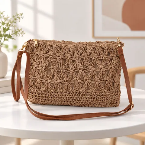 Hollow Out Woven Straw Crossbody Bag Women Handmade Paper Straw Beach Vacation Square Purse With PU Leather Strap