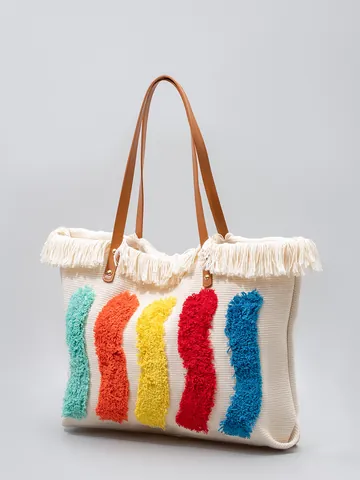 Bolso Tote De Lona Bohemio Gran Capacidad Con Flecos De Mechones Coloridos Bolso De Hombro Informal Para Mujer Vacaciones