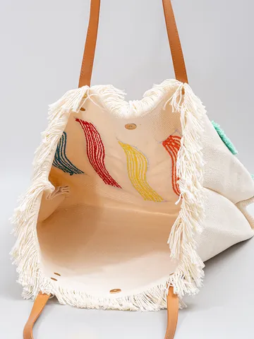 Bolso Tote De Lona Bohemio Gran Capacidad Con Flecos De Mechones Coloridos Bolso De Hombro Informal Para Mujer Vacaciones