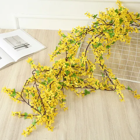 Guirlande de Fleurs en Soie de Vigne de Forsythia Artificielle Plantes Fausses Jaunes Pour Mariage Maison Mur Décor Photographie Arrière-Plan
