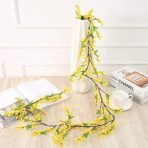 Guirlande de Fleurs en Soie de Vigne de Forsythia Artificielle Plantes Fausses Jaunes Pour Mariage Maison Mur Décor Photographie Arrière-Plan