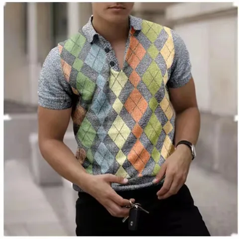 Men's Vintage 3D Printed Stripe Polo Shirt Casual Short Sleeve Lapel Button Top Summer Fashion Streetwear Polyester Tee