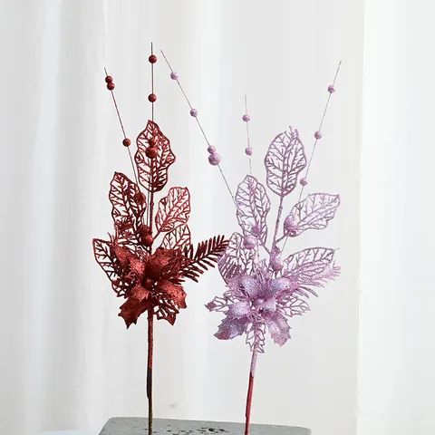 Glitter Artificial Flowers Lily Leaf Christmas Tree Picks Spray Foam Berries Branches Ornaments For Holiday Party Christmas Tree Decorations
