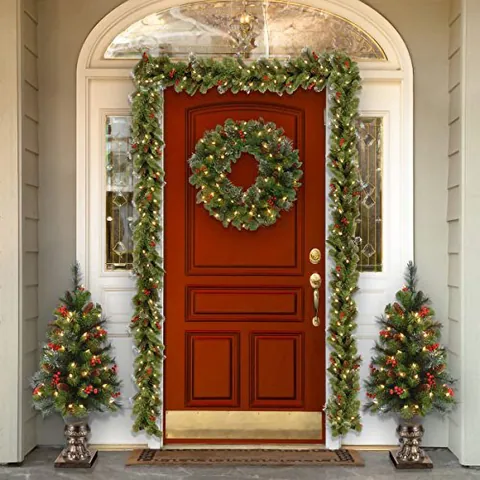 Artificial Christmas Wreath With LED Warm Lights Snow Flocked Garland Red Berries Pine Cones For Front Door Indoor Holiday Home Decor