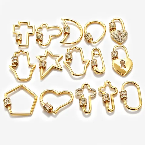 DIY Jewelry Clasp Pendant Gold Plated Copper Screw Carabiner Heart Star Moon Hamsa Hand Cross Zircon Pendants For Women