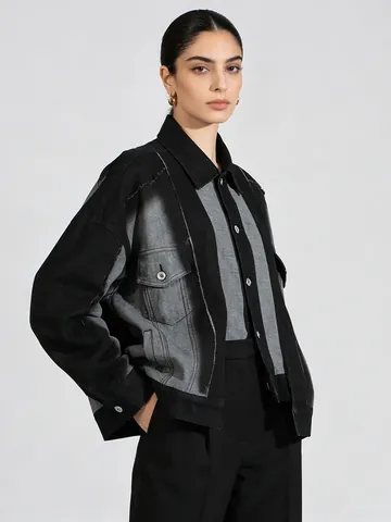 Vintage Color Block Distressed Denim Jacket For Women Men Loose Fit Oversized Streetwear Patchwork Button Down Jean Coat Outwear