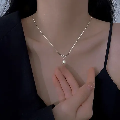 Collar Anudado de Plata Fina S999 para Mujer Cadena de Clavícula Minimalista de Perla de Agua Dulce Lujo Ligero Colgante de Plata de Ley Joyería