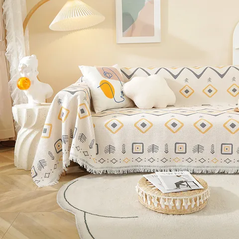 Housse de Canapé Scandinave en Coton Lin Motif Géométrique Pied-de-poule Jeté de Canapé Gaufre Universel Quatre Saisons Couverture Décorative Avec Franges pour Salon Maison