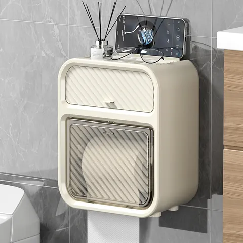 Wall Mounted Bathroom Tissue Box Waterproof Plastic Paper Dispenser With Storage Drawer And Phone Holder For Toilet