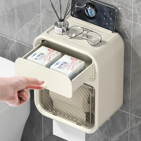 Wall Mounted Bathroom Tissue Box Waterproof Plastic Paper Dispenser With Storage Drawer And Phone Holder For Toilet