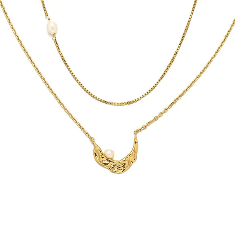 Niche Luxury Natural Pearl 3D Pleated Moon Long Necklace Brass Gold Plated Fashion Jewelry For Women