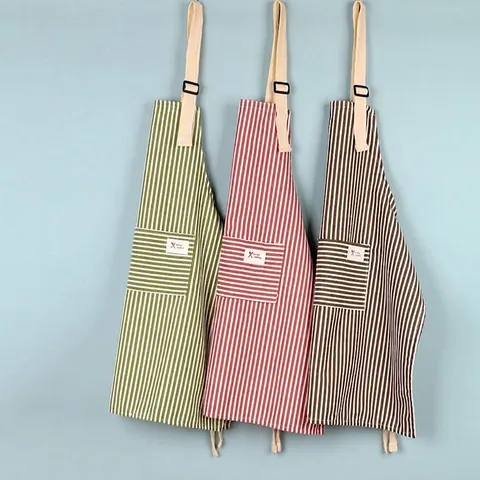 Japanese Style Cotton Striped Kitchen Apron For Women Adjustable Neck Strap Breathable Anti-Stain Household Cleaning Cooking Apron With Large Pocket
