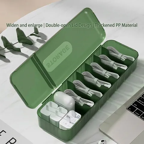 Boîte de Rangement pour Câbles de Données avec Couvercle à Double Rabat Organisateur de Câbles Multi-grille pour Chargeur