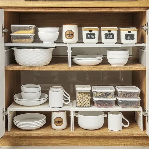 Expandable Kitchen Cabinet Organizer Storage Rack ABS Adjustable Shelf For Cupboard Sink Countertop Dish Pot Storage Home Organization