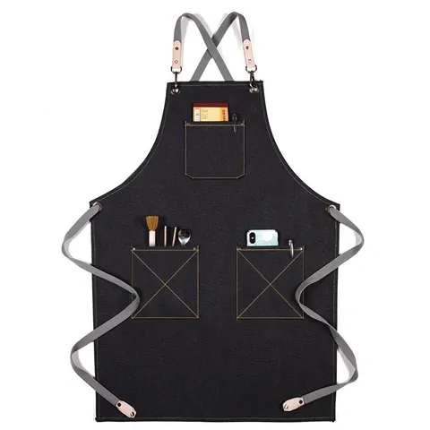 Thick Canvas Apron With Pockets Cross Back Adjustable Straps Kitchen Cooking Chef Workwear For Restaurant Cafe Home